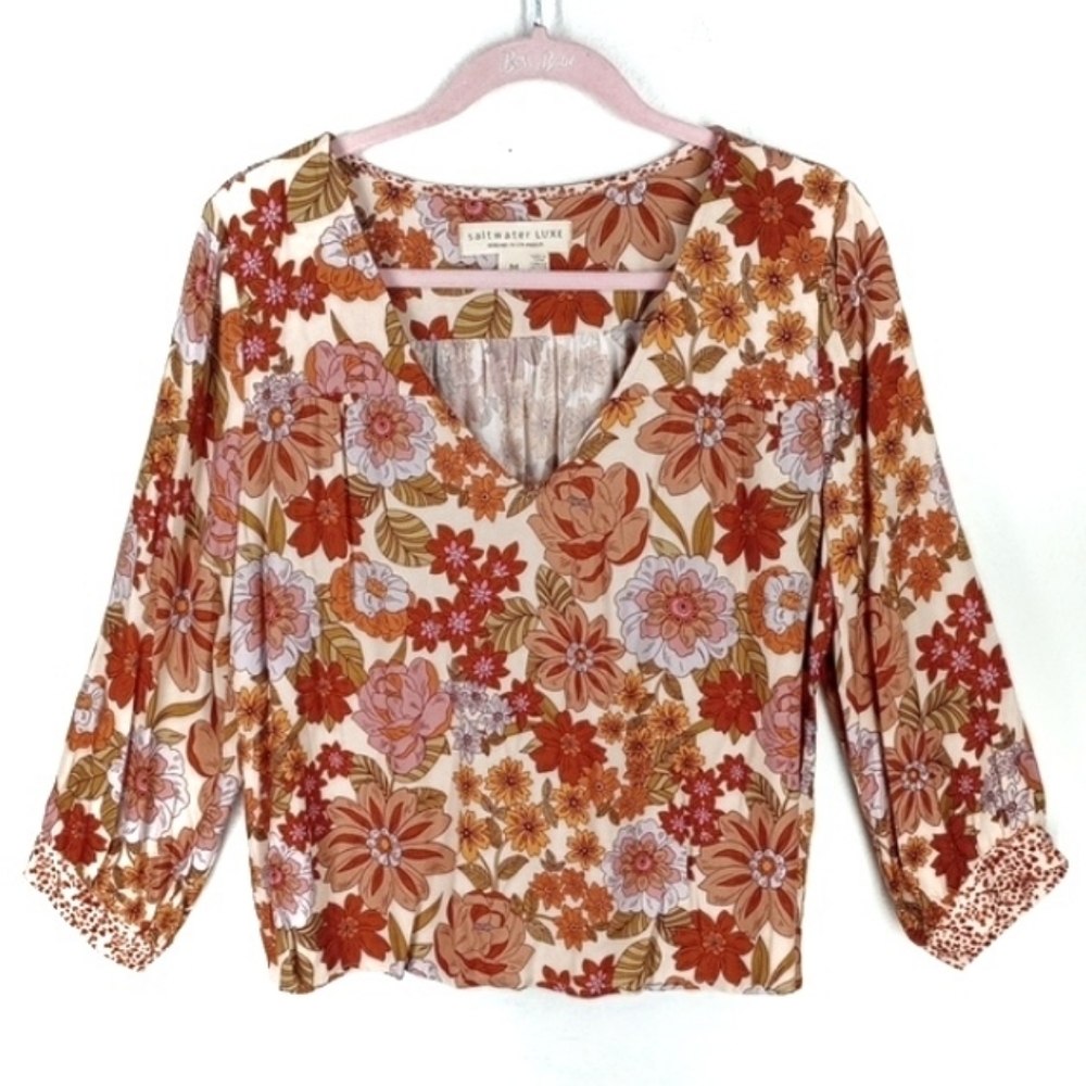 Saltwater Luxe Floral Blouse Size Medium Autumn Print 100% Rayon